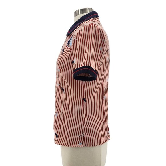 Hell Bunny Womens Medium Top Avery Blouse Sailboat Birds Striped Pinup Retro Red - Picture 3 of 11